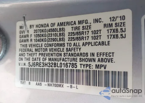 2011 Honda Cr-V Lx from USA, damaged, VIN 5J6RE3H32BL016785